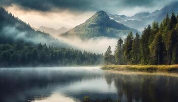 AI generated Gloomy and Foggy Lanscape view of a lake with mountain background photo