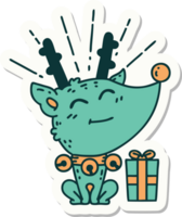 sticker of a tattoo style christmas reindeer with present png