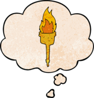 cartoon flaming torch with thought bubble in grunge texture style png