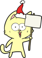 funny hand drawn line drawing of a cat with sign wearing santa hat png