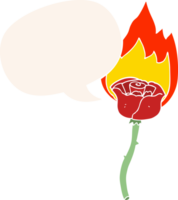 cartoon flaming rose with speech bubble in retro style png