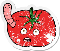 pegatina retro angustiada de un tomate de dibujos animados con gusano png