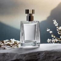 AI generated Empty blank perfume bottle mockup for product ad on a blurred background with flowers on the side photo