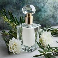 AI generated Empty blank perfume bottle product ad surrounded with flowers and plants photo