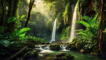 AI generated Tropical rainforest with waterfalls and lush greenery photo