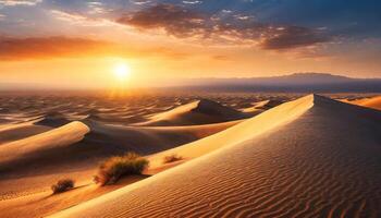 ai generado hermosa escénico Desierto dunas a brillante puesta de sol foto