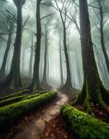 ai generado denso bosque envuelto en grueso niebla, con arboles envuelto en niebla foto