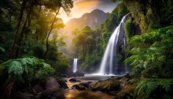 AI generated Rainforest with waterfalls and lush green foliage photo