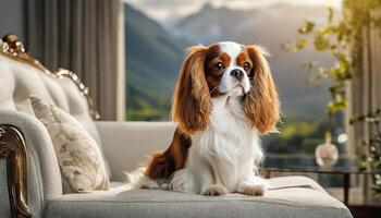 AI generated Adorable King Charles dog sitting with a nice blurred living room background photo