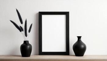 AI generated Black empty frame mockup against a plain white wall with vase on the side photo