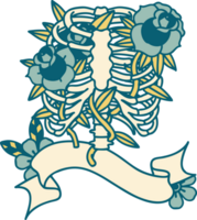 tatuagem tradicional com banner de uma caixa torácica e flores png