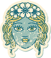 iconic distressed sticker tattoo style image of female face with crown of flowers png