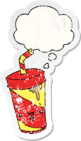 cute cartoon soda with thought bubble as a distressed worn sticker png