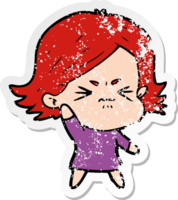 distressed sticker of a cartoon angry girl png