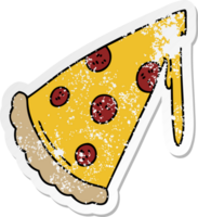 distressed sticker of a quirky hand drawn cartoon slice of pizza png