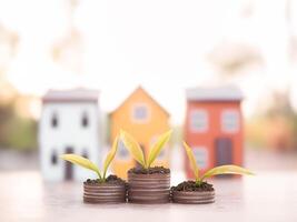 plantas creciente arriba en apilar de monedas con miniatura casa antecedentes. el concepto de pago impuesto para casa, propiedad inversión, casa hipoteca, real inmuebles foto