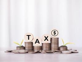 Wooden blocks with the word TAX and plants growing up on stack of coins. The concept about saving money and manage time to paying tax photo