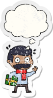 cartoon man with mustache and christmas present with thought bubble as a distressed worn sticker png