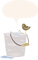 cartoon bird looking into bucket of water with speech bubble in retro style png