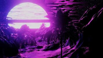 retro futuristisch Strand mit Palme Baum im Rosa Licht und windig Wetter 3d machen Meer Video