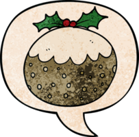 cartoon christmas pudding with speech bubble in retro texture style png