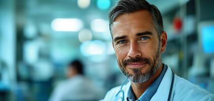 AI generated Portrait of handsome mature doctor in white coat and stethoscope smiling and talking to patient in hospital, health care and medical background photo