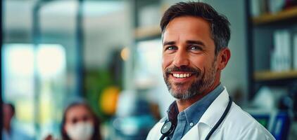 AI generated Portrait of handsome mature doctor in white coat and stethoscope smiling and talking to patient in hospital, health care and medical background photo