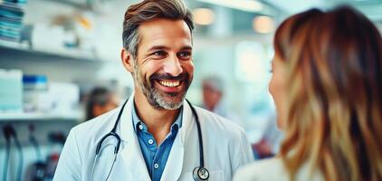 ai generado retrato de hermoso maduro médico en blanco Saco y estetoscopio sonriente y hablando a paciente en hospital, salud cuidado y médico antecedentes foto