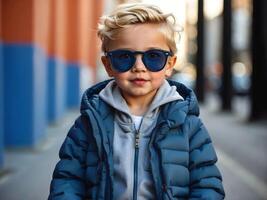 ai generado retrato de linda pequeño rubia chico con azul Gafas de sol, Moda y ropa frio niños, vida estilo fondo, modelo foto