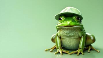 AI generated Cute little green frog wearing baseball hat isolated on green background, animals and wildlife template with copy space area, wallpaper, banner photo