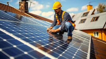 AI generated Construction worker in yellow safety hat working  on solar panels, green renewable energy concept, photo