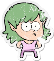 distressed sticker of a cartoon elf girl staring png