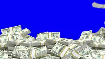 Money bundle, dollar stack falling realistic 3d animation motion graphic isolated on green screen, Blue screen chroma key background video