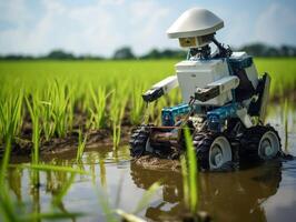 ai generado un robot es plantando arroz en el arroz campos. agricultura verde tecnología ai generativo foto