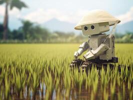 AI generated A robot is planting rice in the rice fields. Farming green technology AI Generative photo