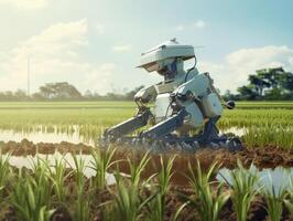 AI generated A robot is planting rice in the rice fields. Farming green technology AI Generative photo