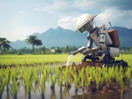 ai generado un robot es plantando arroz en el arroz campos. agricultura verde tecnología ai generativo foto