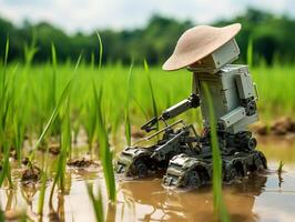 ai generado un robot es plantando arroz en el arroz campos. agricultura verde tecnología ai generativo foto