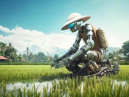 AI generated A robot is planting rice in the rice fields. Farming green technology AI Generative photo