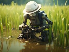 ai generado un robot es plantando arroz en el arroz campos. agricultura verde tecnología ai generativo foto