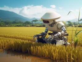 AI generated A robot is planting rice in the rice fields. Farming green technology AI Generative photo