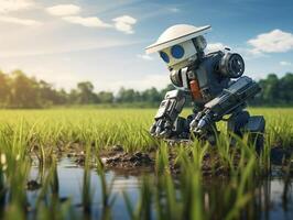 AI generated A robot is planting rice in the rice fields. Farming green technology AI Generative photo