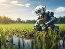 ai generado un robot es plantando arroz en el arroz campos. agricultura verde tecnología ai generativo foto