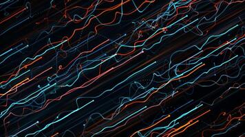 Seamless loop animation of abstract wallpaper with smoothly moving blue and orange curvy lines and neon glow effect on a dark background , motion graphics , looped video , 4k , 60 fps