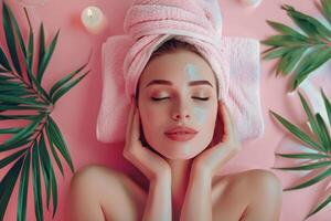 AI generated Girl with a towel on her head. Relaxation and relaxation in the spa. Facecare treatments, moisturizing mask. Realistic photo