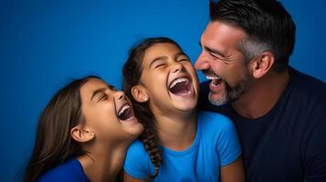 AI generated A heartwarming family portrait captured in a studio setting, showcasing the genuine bond between a father, mother, and daughter photo