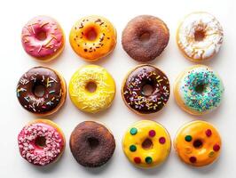 AI generated Dessert donuts, various colors, sprinkled with toppings on top photo