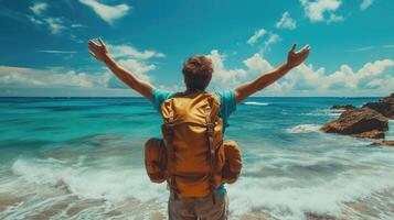 AI generated happy man with hand up at the beach with backpack travel in summer vacation. photo