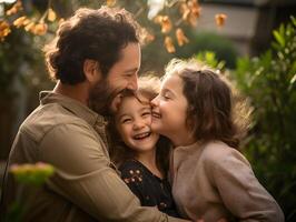 ai generado un reconfortante familia retrato capturado en un estudio configuración, exhibiendo el genuino enlace Entre un padre, madre, y hija foto