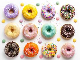 AI generated Dessert donuts, various colors, sprinkled with toppings on top photo